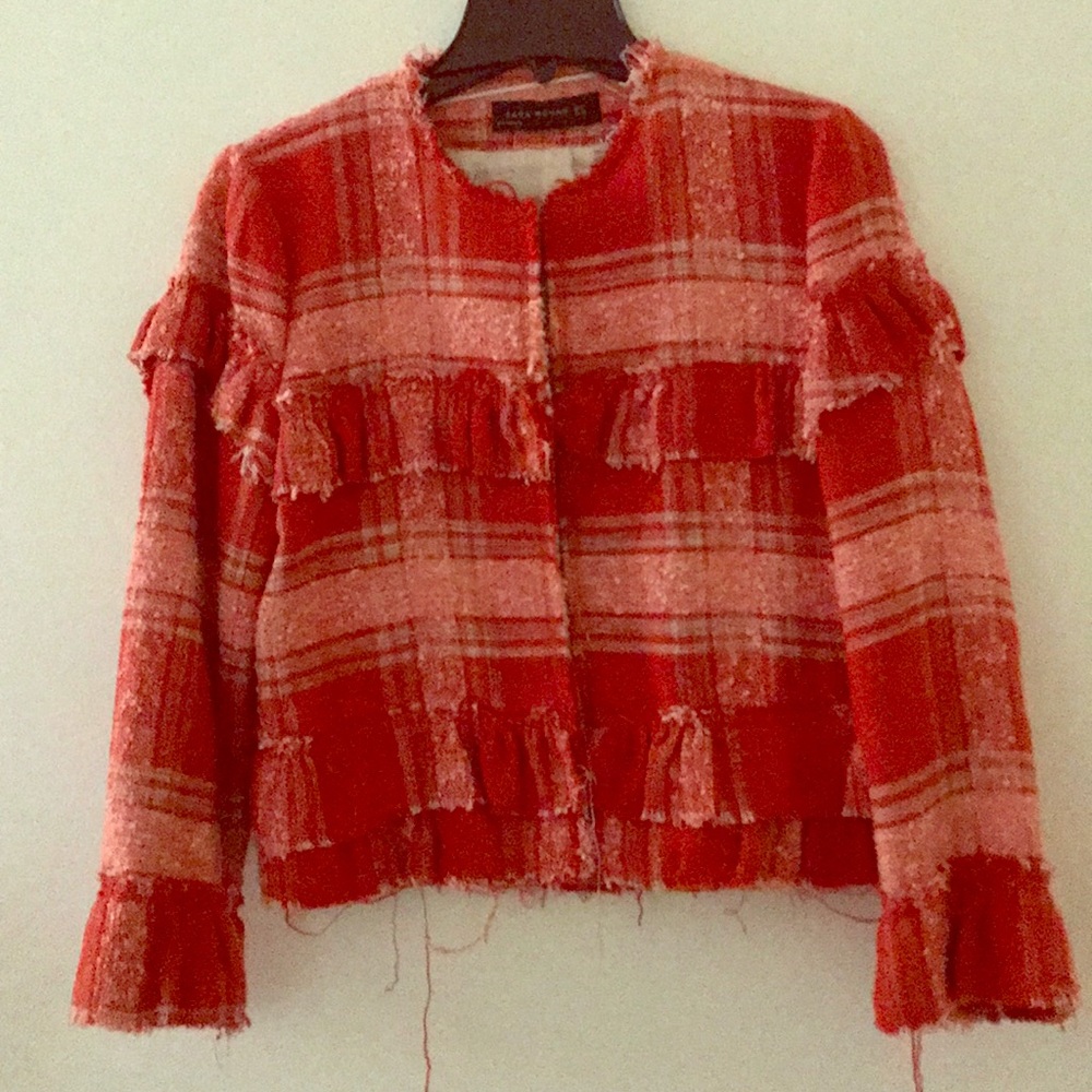 Red/white plaid ruffle blazer